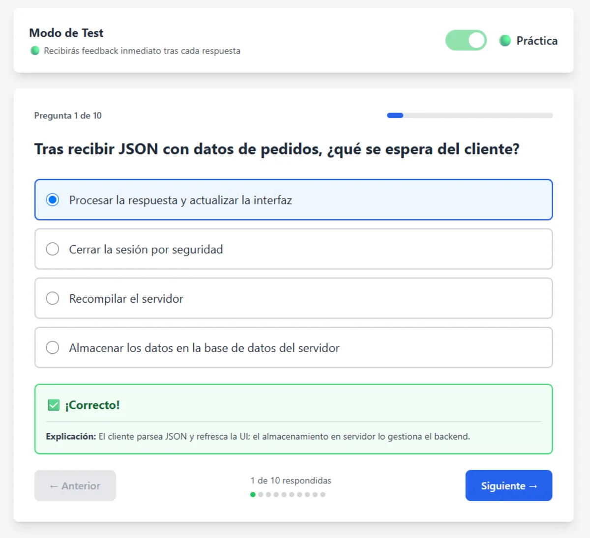 Modo práctica de Tests DAW con una respuesta, explicación y botón para continuar